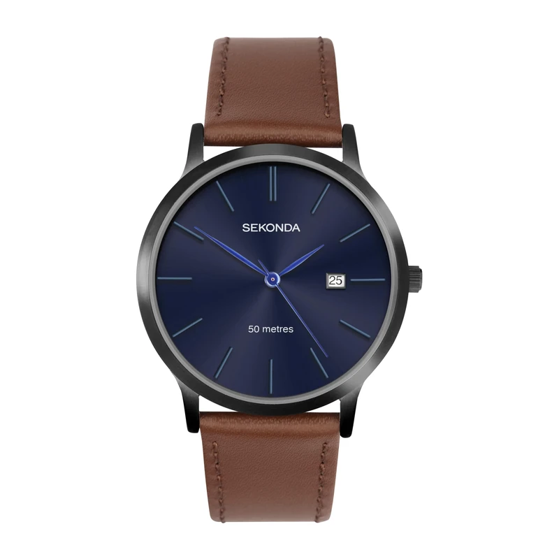 Sekonda Mens 40mm Quartz Watch with Ionic Plated Black Case, Blue Dial and Brown Leather Strap 1775