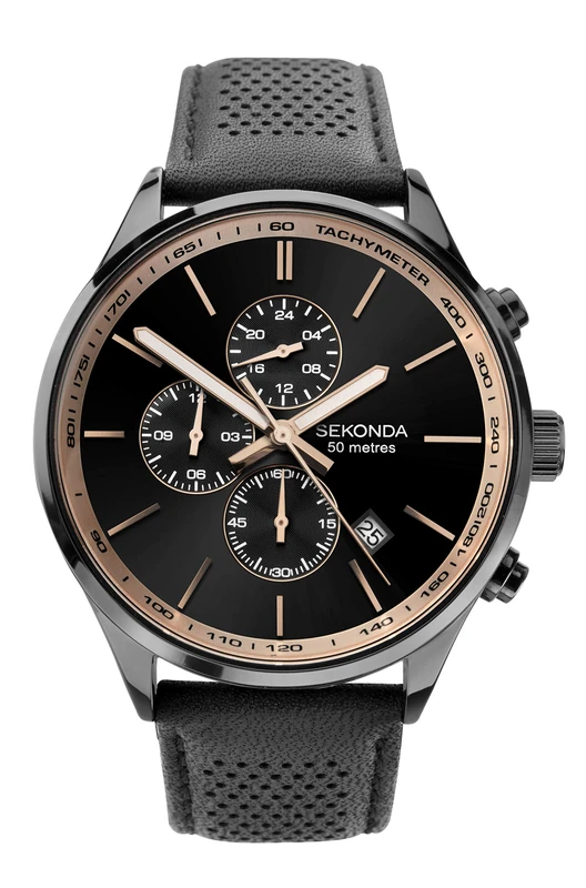 Sekonda Mens Chronograph Black Sunray Dial Leather Strap Watch 1774