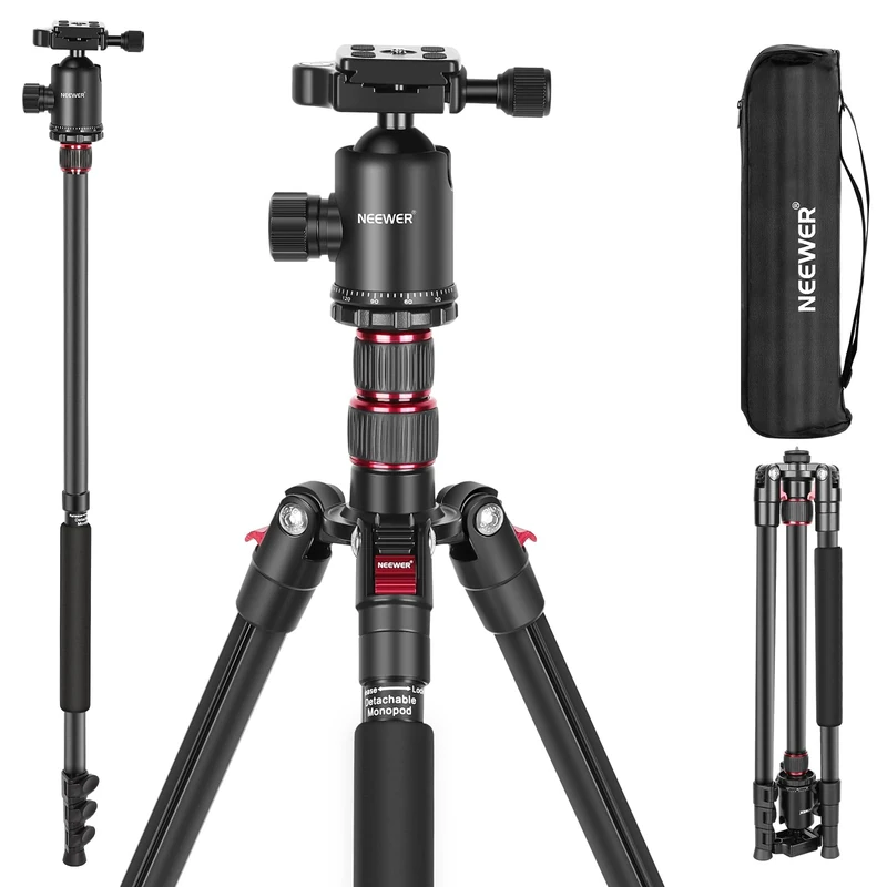 NEEWER 77" Tripod Monopod for DSLR Camera, Phone Holder Compatible with 16 15 Pro Max Plus, Lightweight Aluminum Travel Tripod w/ 360° Ball Head, 2 Axis Center Column, Arca Type QR Plate, Bag