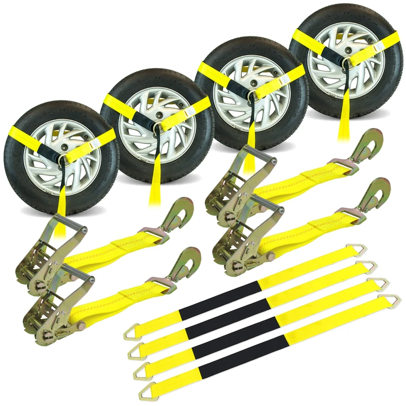 VULCAN Economy Car Tie Down Kit with 4 Lasso Straps, 4 Snap Hook Ratchets, and 4 Free 36 Inch Axle Straps - 3,300 Pound Safe Working Load