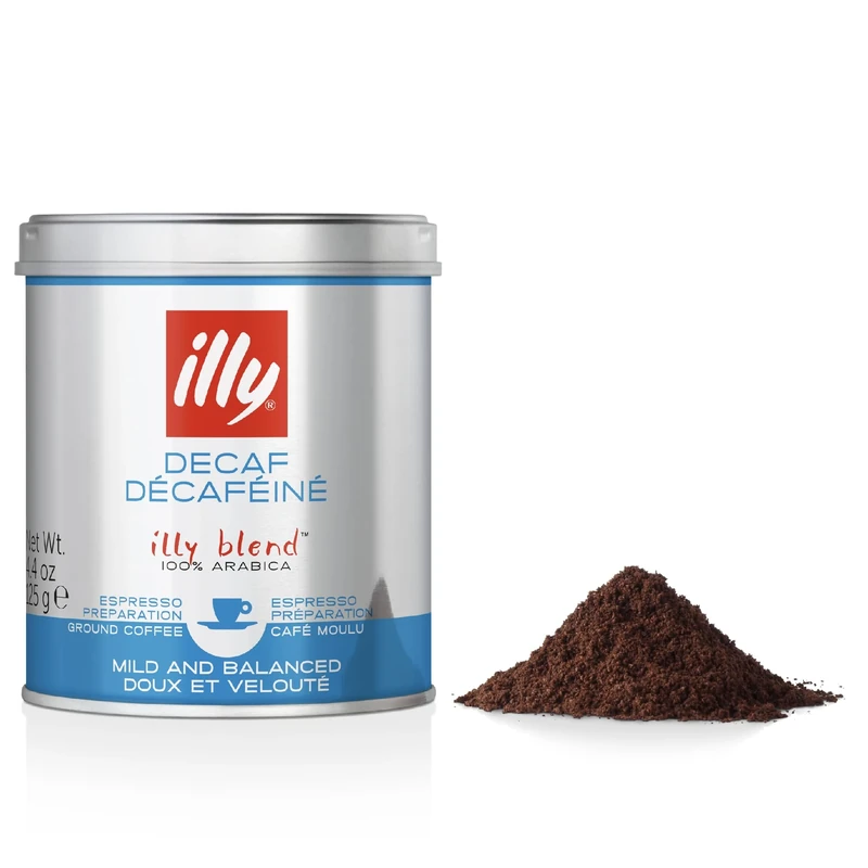 illy, Ground Coffee for Espresso Decaffeine Inch, 100% Arabica with Notes of Caramel, Chocolate and Roasted Bread, Caffeine-Free, Harmonious Flavour, 1 Tin of 125 g