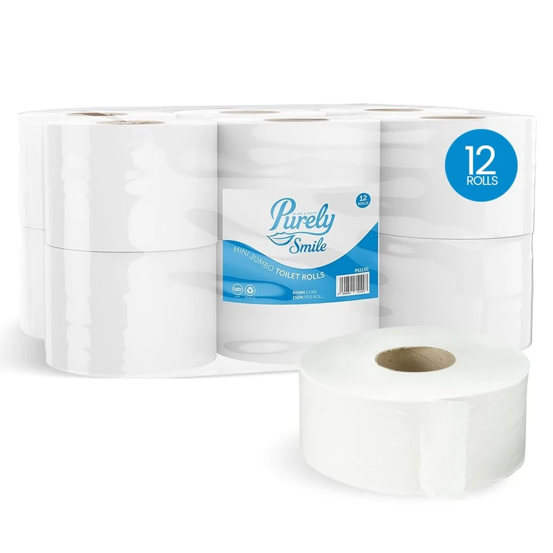 Blake & White 2 Ply Mini Jumbo Toilet Rolls 12 Pack - Purely Smile Super Absorbent 76mm Core Toilet Paper for Home & Leisure Centers - Ultra Durable Tissue Roll | PS1131