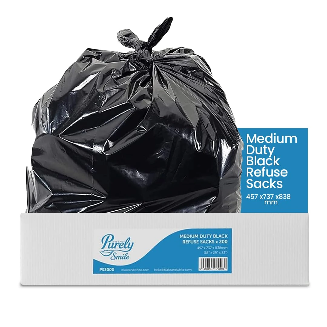 Blake & White 10 kg Capacity Black Sacks - Purely Smile Ultra Durable & Sustainable Recyclable Bin Bags - Medium Duty Liners for Household, Office, and Kitchen - Box of 200 - 18”X29”X33”