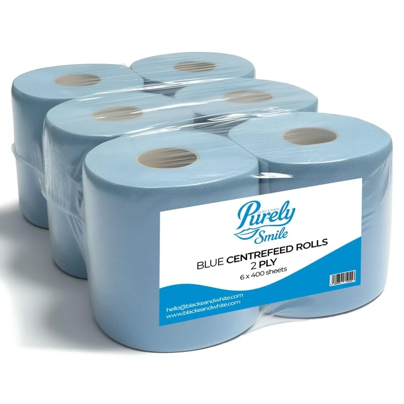 Blake & White Centrefeed Blue Rolls 6 Pack - Purely Smile 2 Ply Tissue Roll for Wiping Surfaces & Drying Hands - 400 Sheets Strong & Ultra Absorbent Blue Roll | PS1214