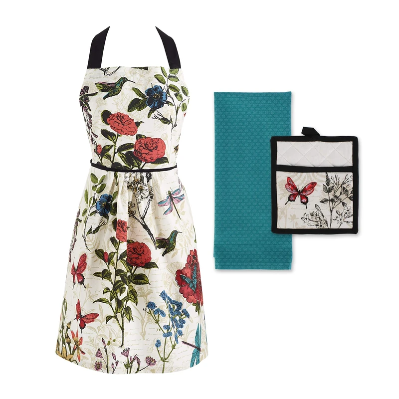 DII Botanical Print Tabletop Collection, Apron, 29x35 (20" Waist), Potholder 9x8, Dishtowel 18x28, Botanical 3 Piece