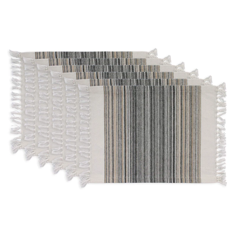 DII Everyday Collection Fringed Stripe Tabletop, Placemat Set, 13x20, Black 2 Count