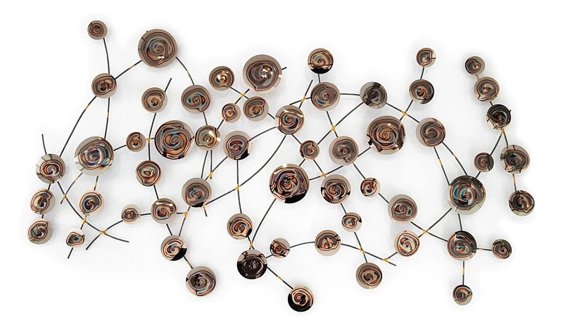 World Art Composition of Metal Circles and Sculptures, Multi-Colour, H72 x L126 x S5 cm