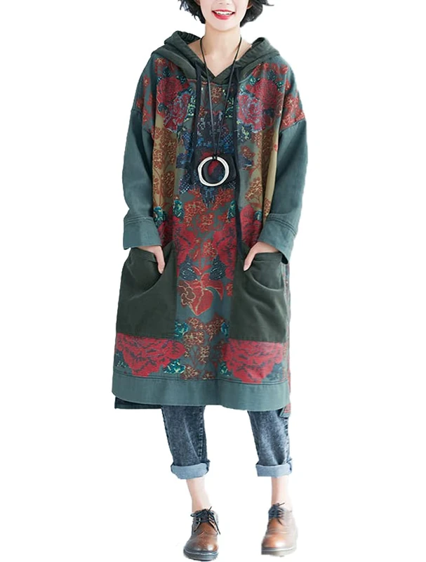 FTCayanz Women's Oversized Cotton Dresses Ethnic Printed Fall Dress Pockets - - Large