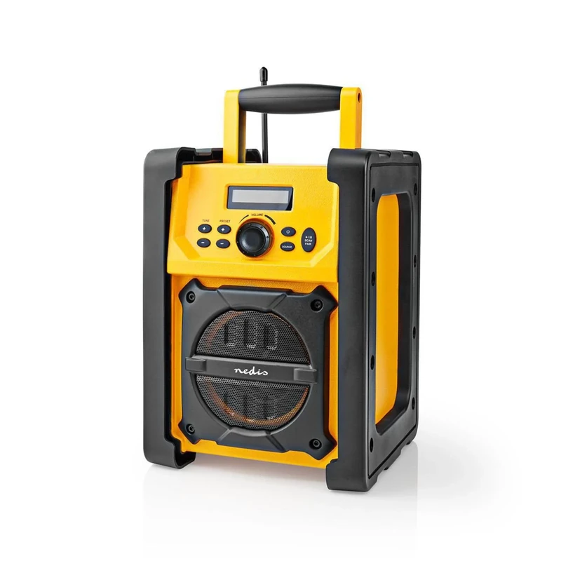 Nedis Job Site FM Radio with Bluetooth, IPX5 Water Resistant Portable Heavy Duty Speaker with AUX In, 20 Presets & Carry Handle, Battery or Mains Powered - Yellow