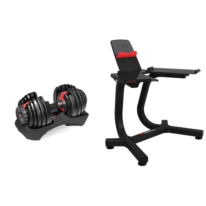 Bowflex SelectTech Adjustable Weights and Dumbbells, Single Dumbbell 552 (2 - 24 kg), Black/Red & SelectTech Dumbbell Stand with Media Rack for 552i, 1090i, 560i
