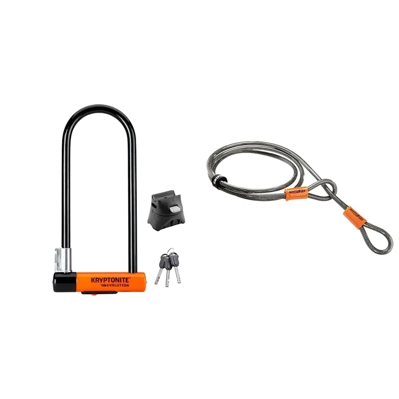 Kryptonite Evolution Long Shackle U-Lock with Flexframe Bracket Sold Secure Gold & Loop Cable Krypto Flex 213cmx10mm, Grey