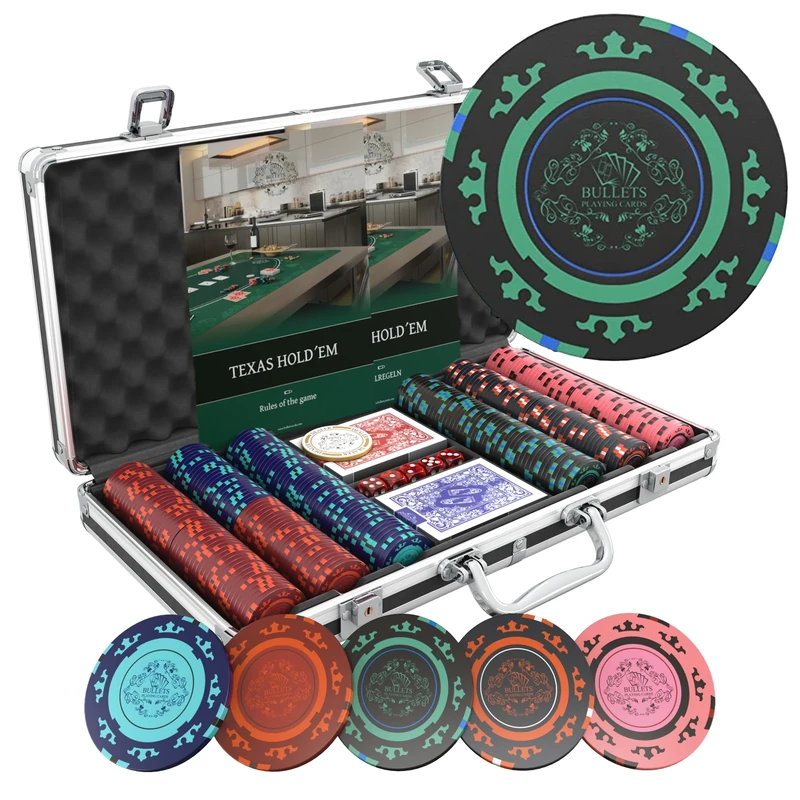 Bullets Playing Cards, 'Corrado' Poker Set with 300 Clay Poker Chips without values, including Ceramic Dealer Button, Double Pack of Bullets Poker Cards