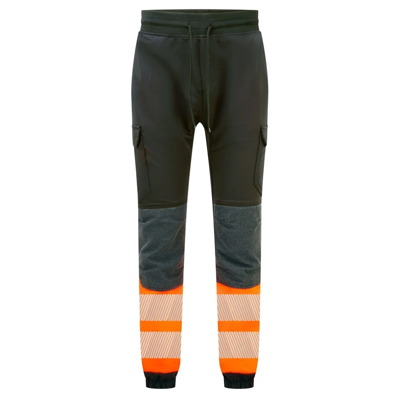 Portwest PW3 Hi-Vis Flexi Joggers Work Trousers 4-Way Stretch Slim Fit Jogging Bottoms Reinforced Knees Reflective Tape Workwear Pants Multi-Pocket Elastic Waist, Black/Orange, L
