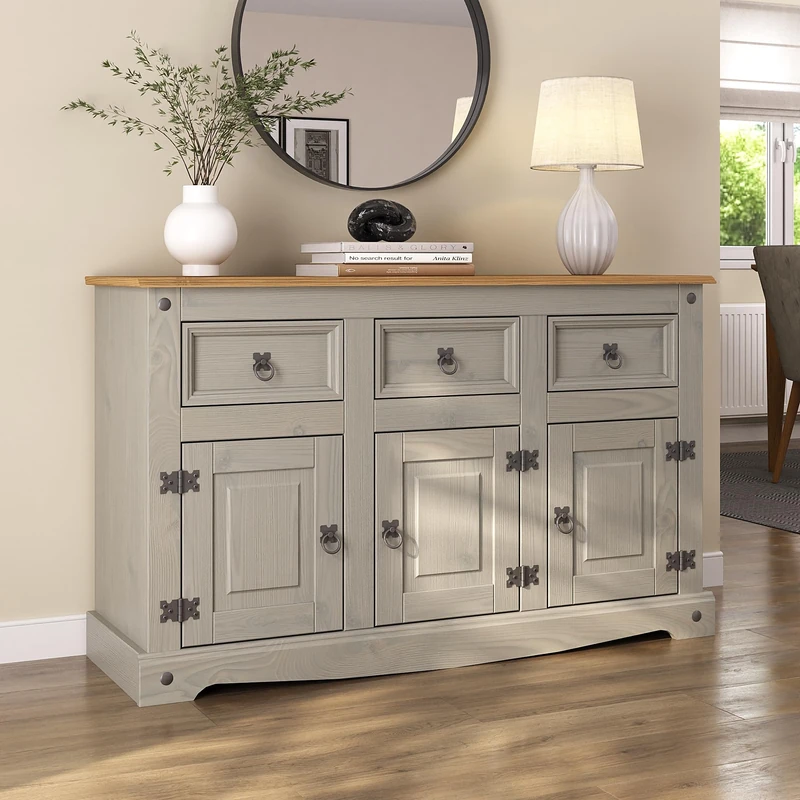 Corona Grey Sideboard 3 Door 3 Drawer Cupboard Large Solid Mexican Pine Wooden Cabinet
