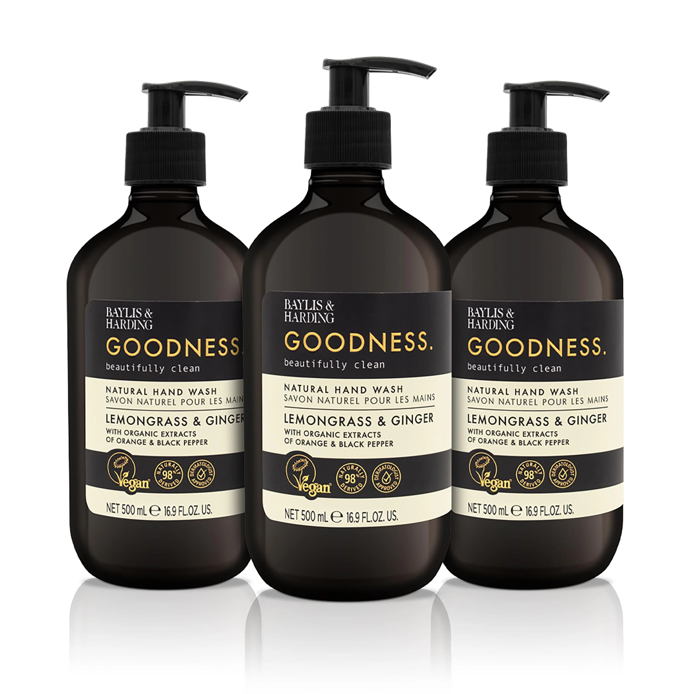 Baylis & Harding Goodness Lemongrass & Ginger Hand Wash, 500 ml (Pack of 3) - Vegan Friendly