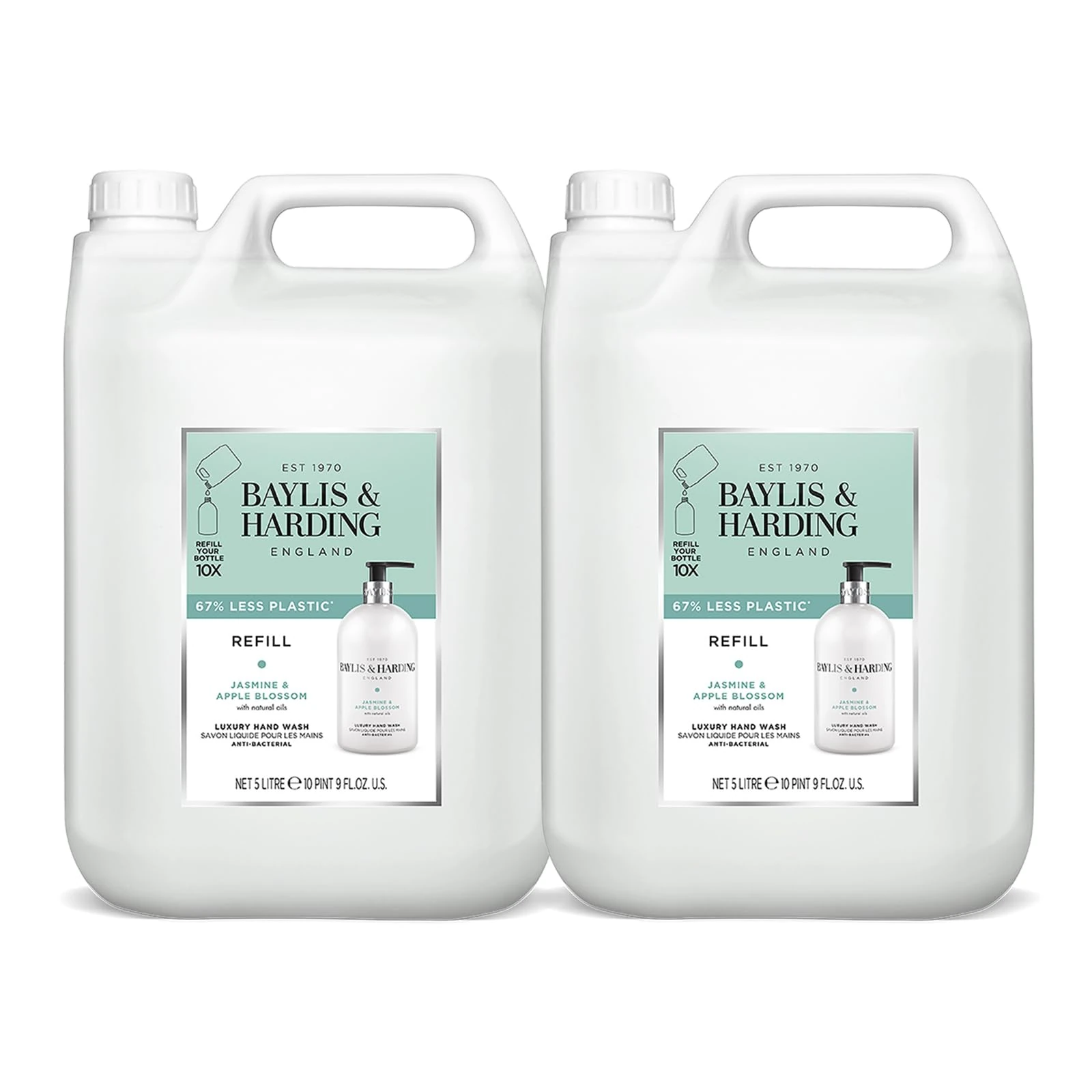 Baylis & Harding Jasmine & Apple Blossom Anti-Bacterial Hand Wash 5 Litre Refill (Pack of 2 - Total 10 Litres) - Vegan Friendly