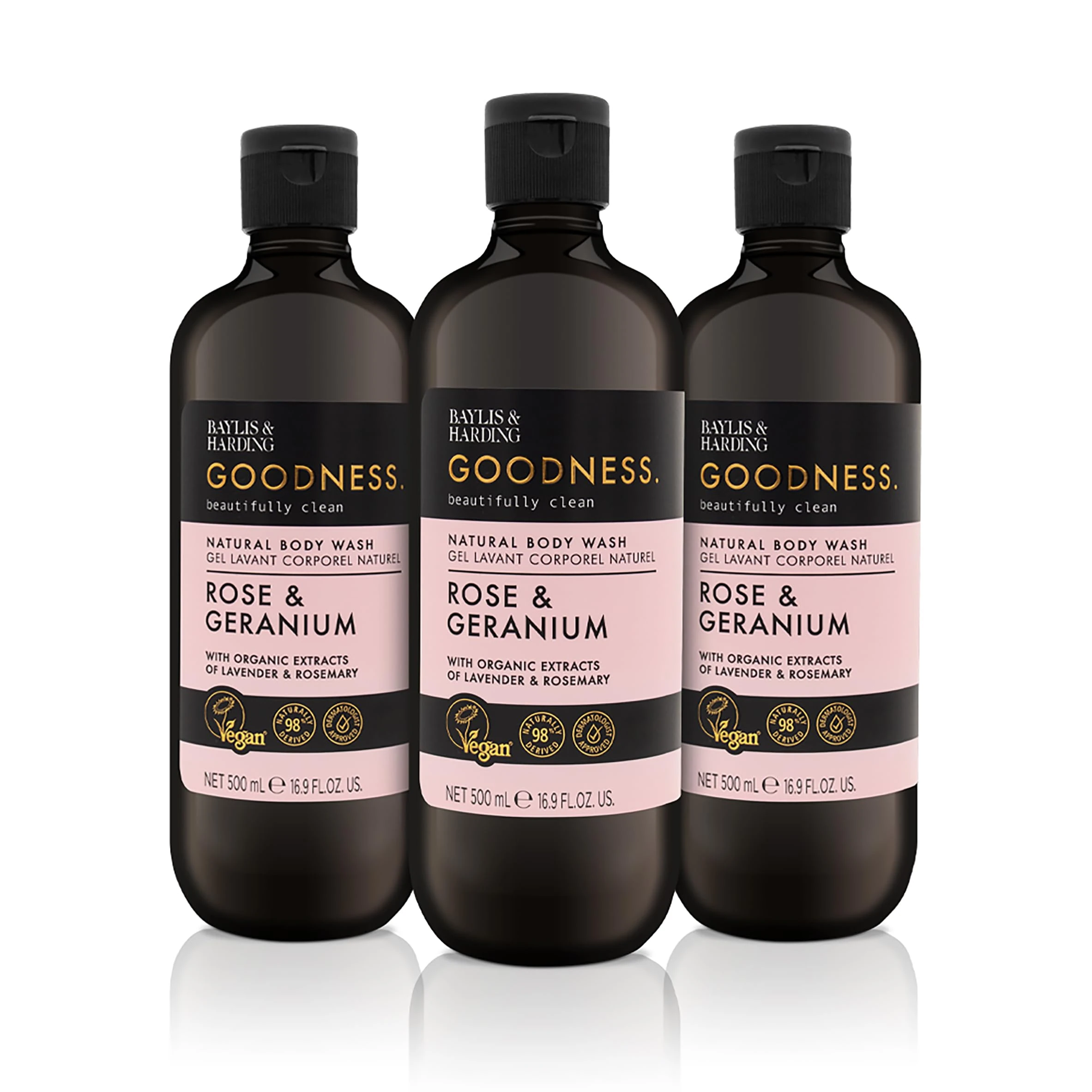 Baylis & Harding Goodness Rose & Geranium Natural Body Wash, 500 ml (Pack of 3) - Vegan Friendly