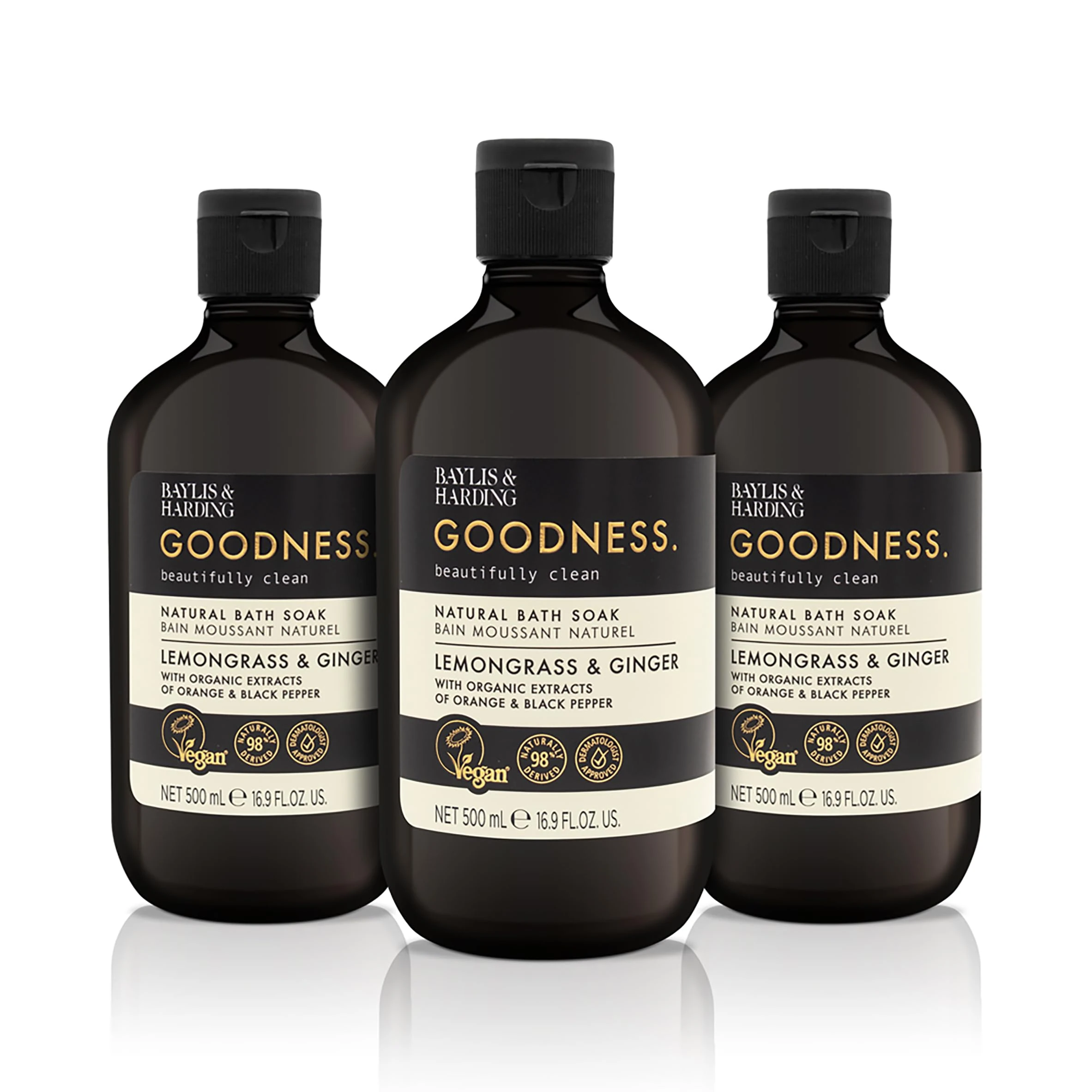 Baylis & Harding Goodness Lemongrass & Ginger Bath Soak, 500 ml (Pack of 3) - Vegan Friendly