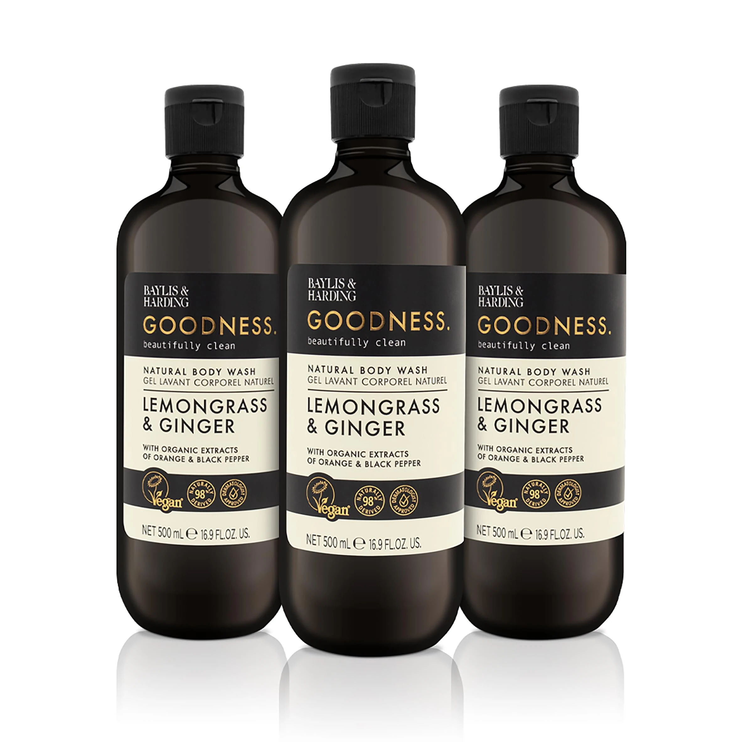 Baylis & Harding Goodness Lemongrass and Ginger Body Wash, 500 ml (Pack of 3) - Vegan Friendly