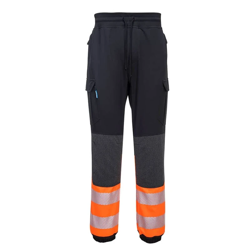 Portwest PW3 Hi-Vis Flexi Joggers Work Trousers 4-Way Stretch Slim Fit Jogging Bottoms Reinforced Knees Reflective Tape Workwear Pants Multi-Pocket Elastic Waist, Black/Orange, M