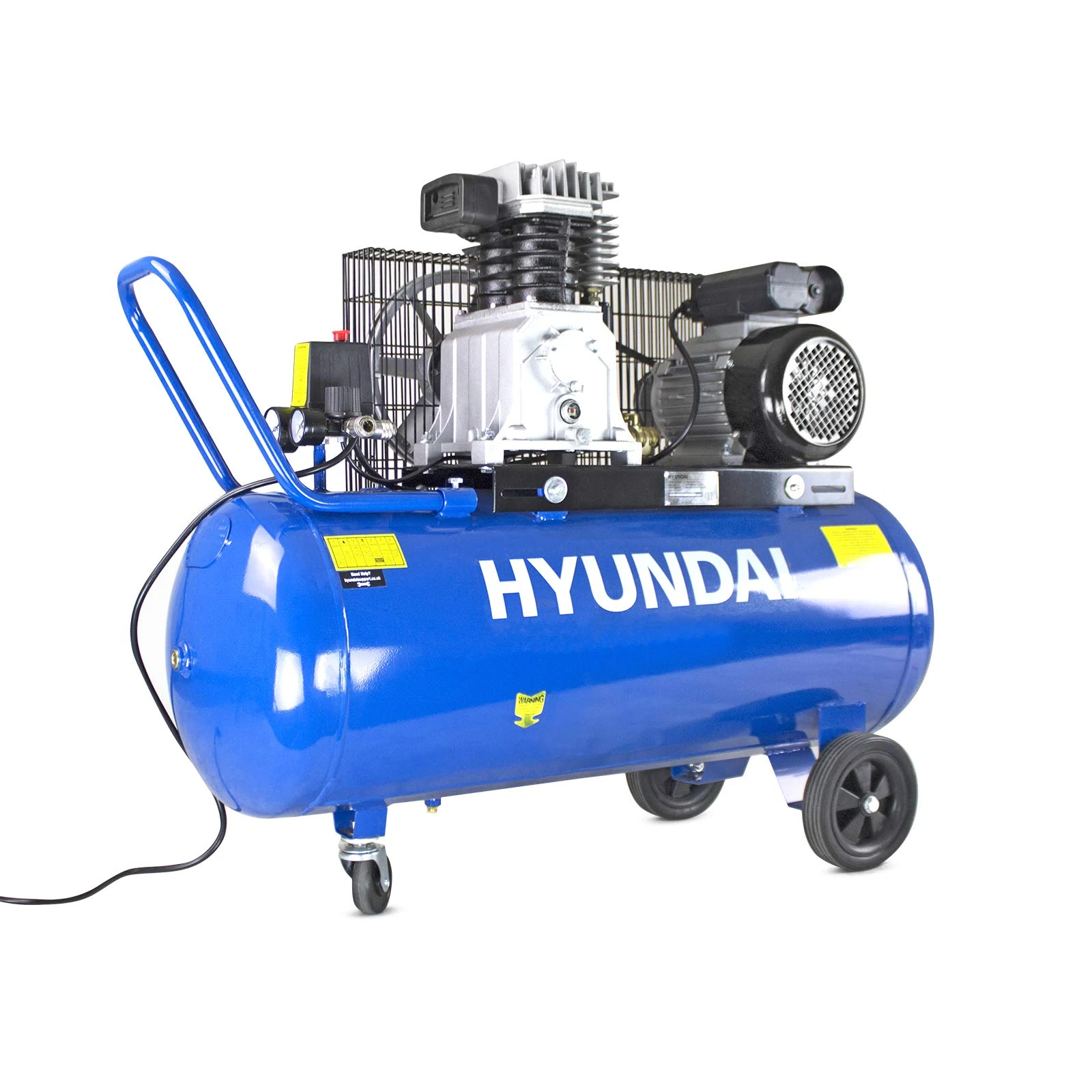 Hyundai 100 Litre Air Compressor, 2.2kw / 3hp, Electric & Portable Compressor, 14cfm / 145psi, Twin Cylinder, Belt Drive, Wheeled with 2 Year Warranty