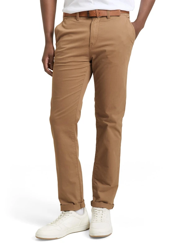 TOM TAILOR Denim Men's Chino Trousers with Belt 1008253, 11634 - Honey Camel Beige, 34W / 30L