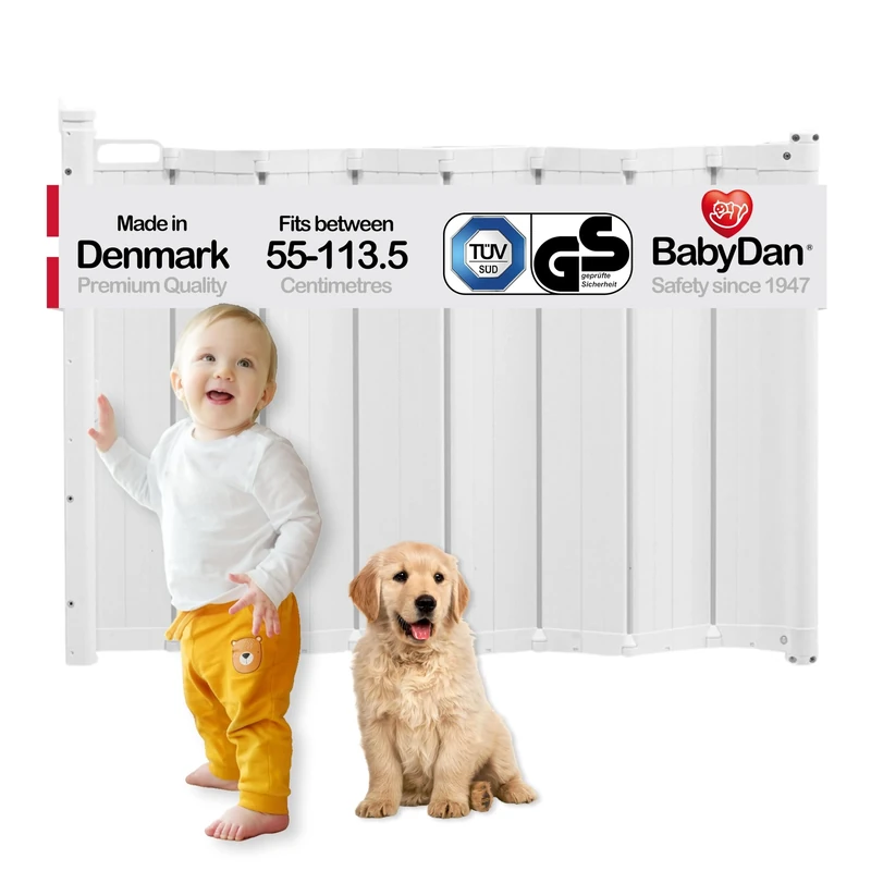 BabyDan Guard Me Extra Wide, Auto Retractable Stair Gate, Fits openings between 55-113.5 cm, White, Made in Denmark - Baby Gate/Safety Gate (Pet Gate/Dog gate)
