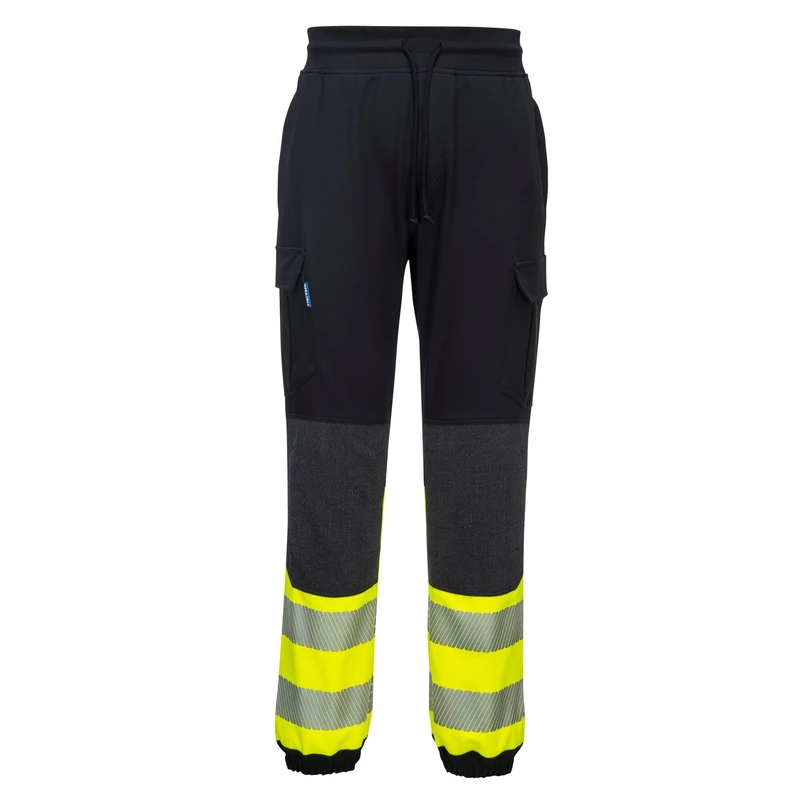 Portwest PW3 Hi-Vis Flexi Joggers Work Trousers 4-Way Stretch Slim Fit Jogging Bottoms Reinforced Knees Reflective Tape Workwear Pants Multi-Pocket Elastic Waist, Black/Yellow, XL