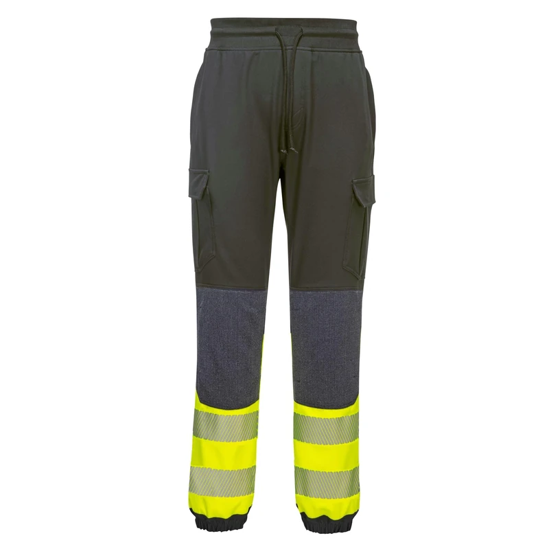 Portwest PW3 Hi-Vis Flexi Joggers Work Trousers 4-Way Stretch Slim Fit Jogging Bottoms Reinforced Knees Reflective Tape Workwear Pants Multi-Pocket Elastic Waist, Black/Yellow, S