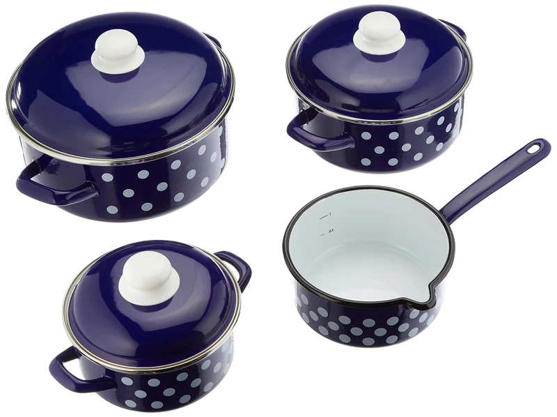 GSW 189606 7-Piece Cooking Pot Set with Dots Blue-White, Steel Enamel, Plastic