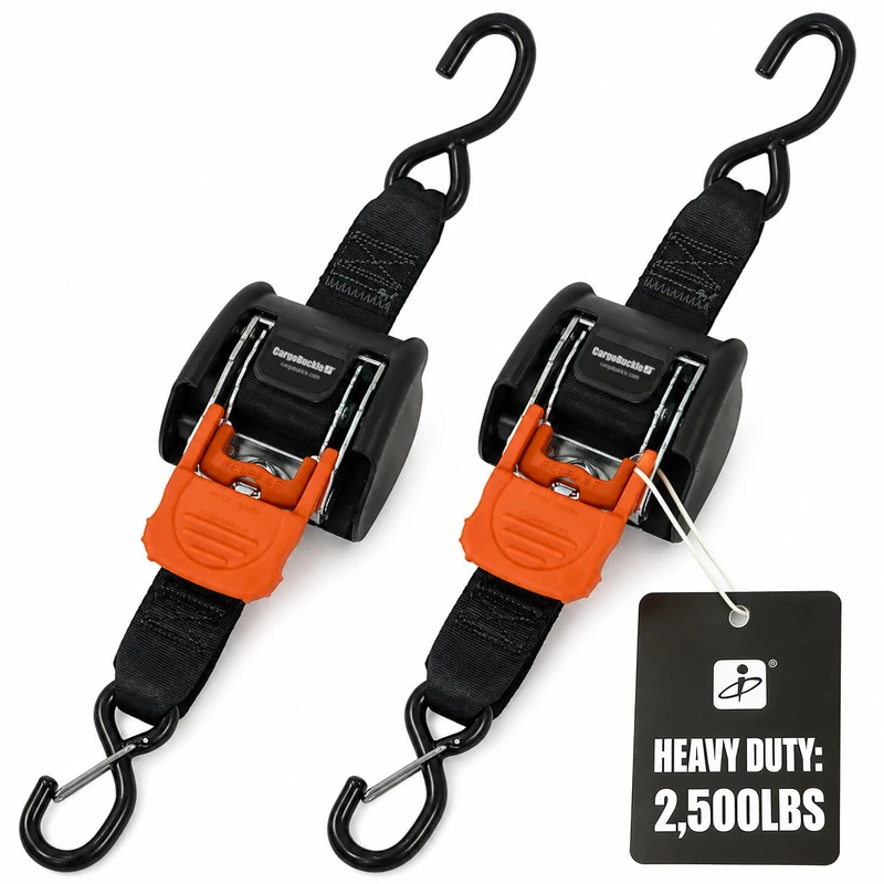 CargoBuckle G3 2-Inch Retractable Ratchet Tie-Down System - Heavy Duty Straps with Dual S-Hooks, 2,500 lbs Break Strength, 2-Pack
