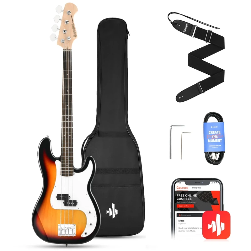 Donner Electric Bass Guitar 4 String P-Style Bass Full Size for Beginner with Bag, Guitar Strap, Guitar Cable (Sunburst)