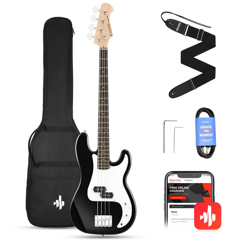 Donner Electric Bass Guitar 4 String P-Style Bass Full Size for Beginner with Bag, Guitar Strap, Guitar Cable (Black)