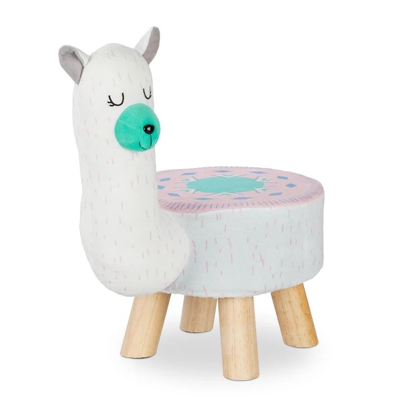 Relaxdays Animal Stool for Kids, Plush Cover, Ottoman for Children, Lama Design, White