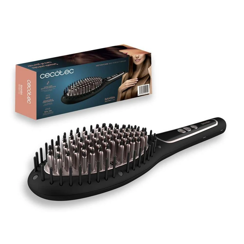 Cecotec 4215 Bamba InstantCare 900 PerfectBrush Straightener Brush (Adjustable Temperature 140-220°C, Keratin and Argan Oil Coating, Real Ion Generator), Multi-Colour