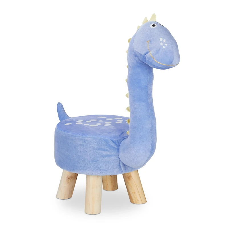 Relaxdays Animal Stool for Kids, Plush Cover, Ottoman for Children, Dinosaur Design, Blue
