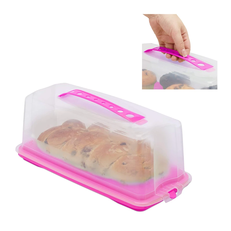 Relaxdays Cake Carrier, Rectangular with Handle and Lid, Transport Container, HxWxD: 15 x 37 x 16 cm, Pink/Clear