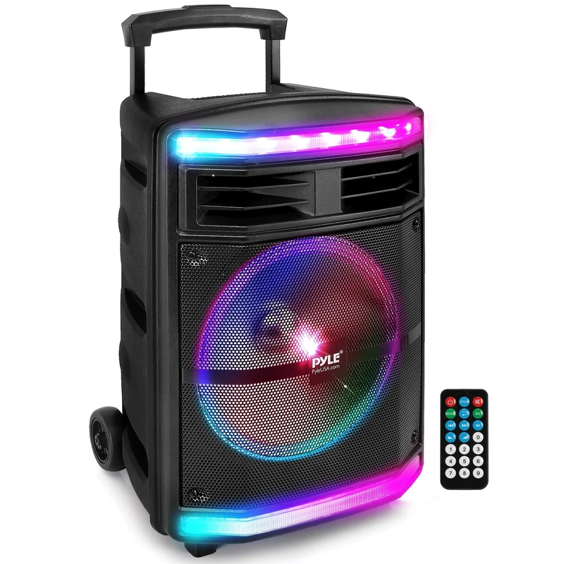 Pyle, Portable PA Speaker, Bluetooth- Loudspeakers, with Rolling Wheels, 600W Rechargeable Battery, Portable Pa System, DJ Speakers, Powerful Loudspeaker with Party Lights, MP3/USB/SD Card Reader