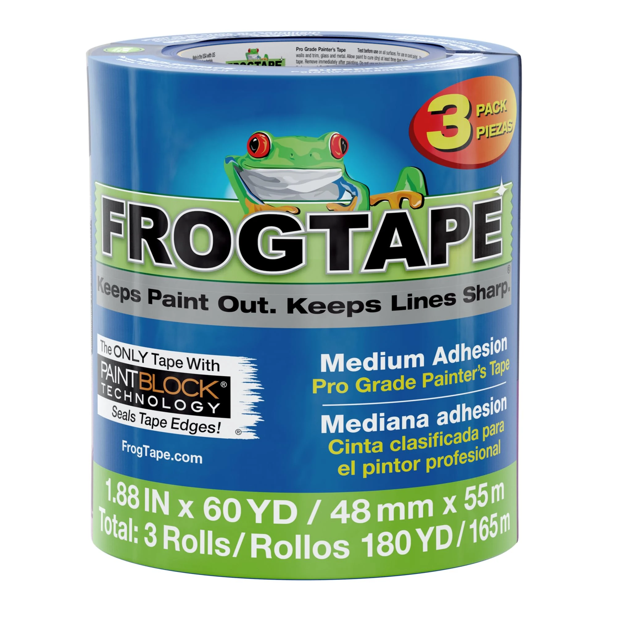 Frog Tape Pro Grade Blue Masking Tape for Painting 48mm x 55m, Decorators Tape, Painters Masking Tape for Indoor Painting & Decorating - Pack of 3
