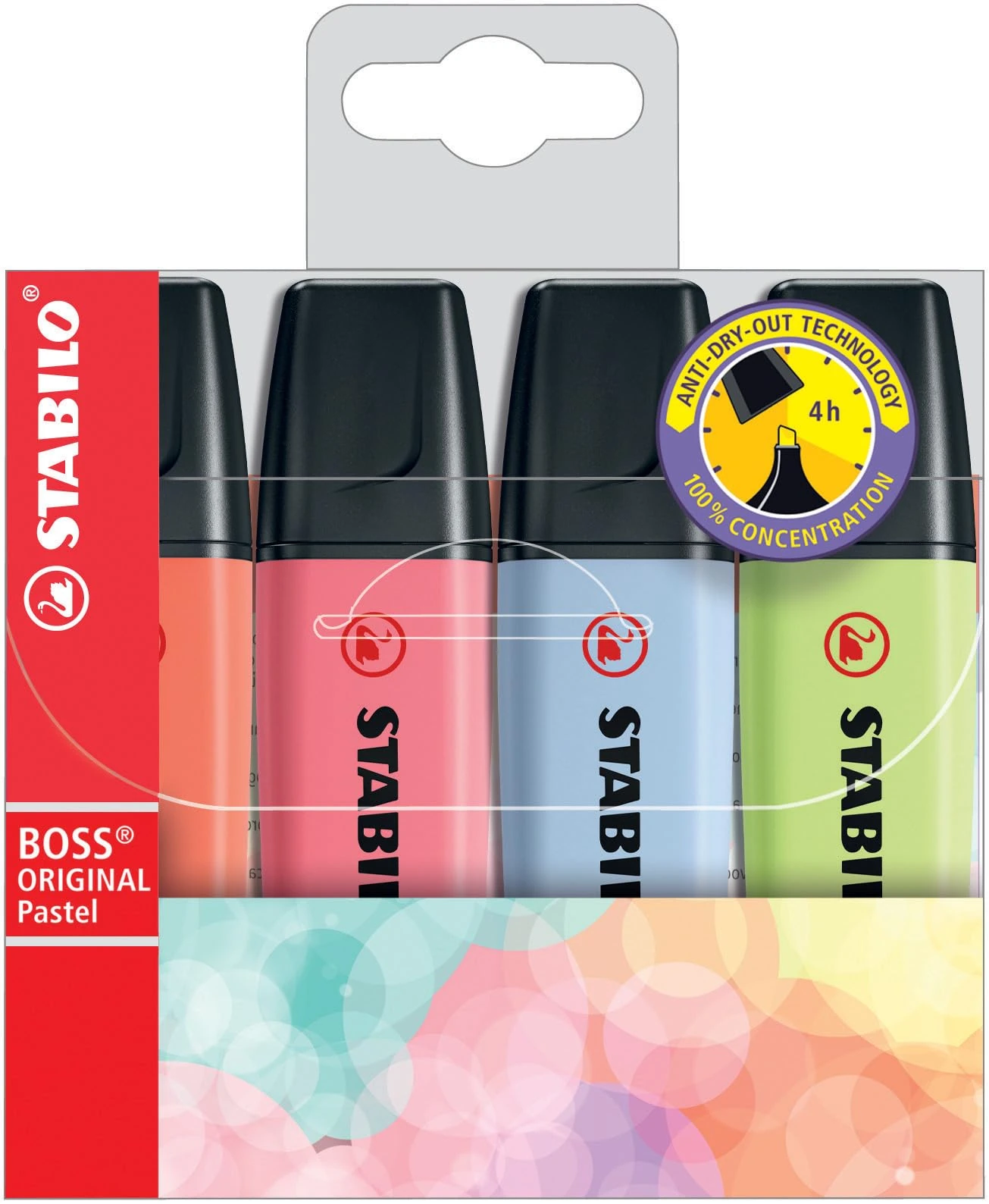STABILO BOSS ORIGINAL Pastel - Highlighter - Pack of 4 - Mellow Coral Red, Cherry Blossom Pink, Cloudy Blue, Dash of Lime