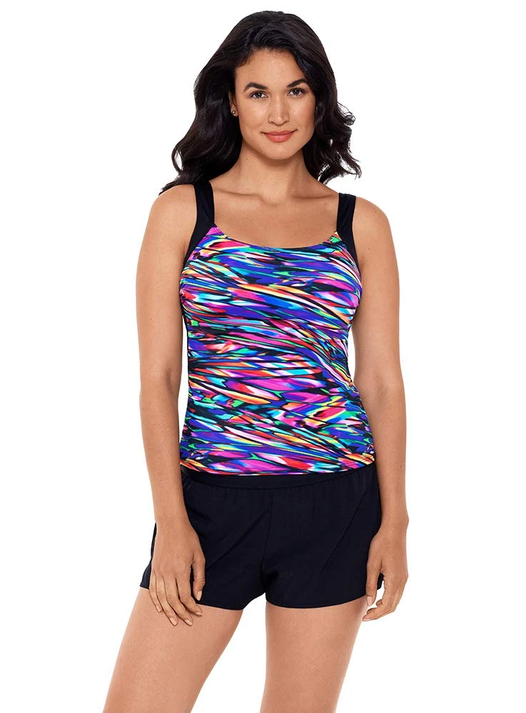 Reebok Women's Swimwear Sport Fashion Glasswork Bust Minimizing Soft Cup Tankini Bathing Suit Top, Multi, 18