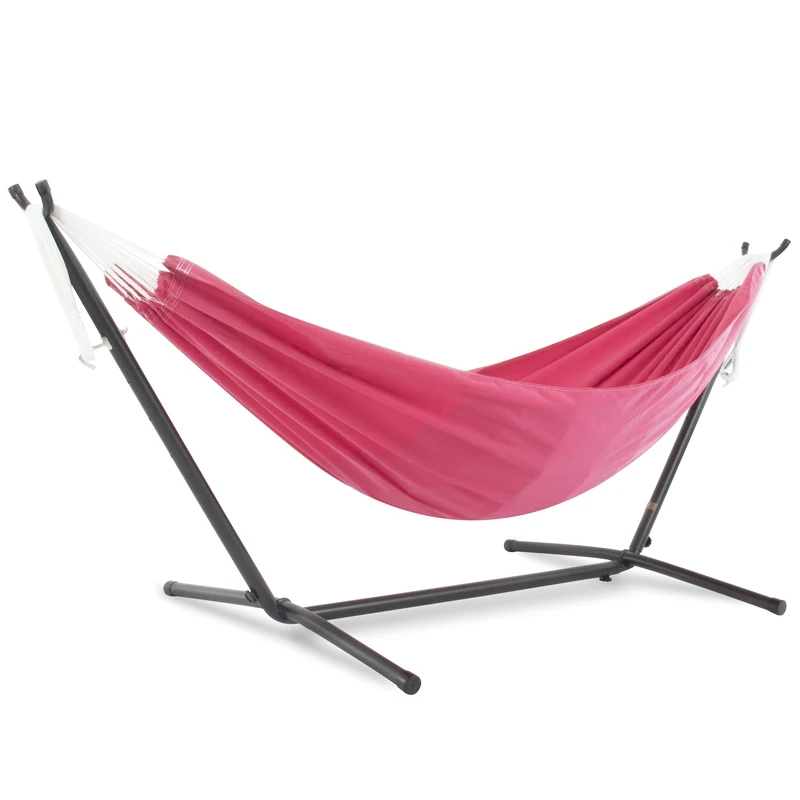 Vivere Double Polyester Hammock with Space-Saving Steel Stand, Hot Pink
