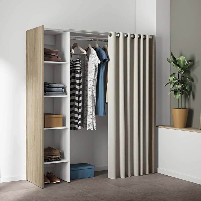 Symbiosis Storage Cabinet, Particle Board, Oak with Raw Curtain, 123/160 x 50 x 182 cm (WxDxH)