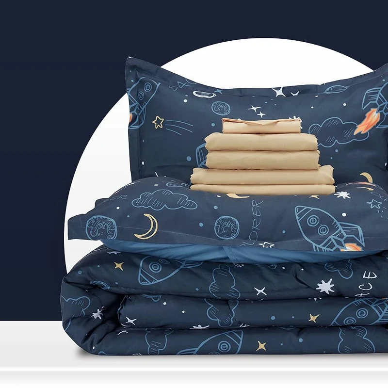 SLEEP ZONE Kids Twin Bedding Comforter Set - Super Cute & Soft Kids Bedding 5 Pieces Set with Comforter, Sheet, Pillowcase & Sham (Space Rocket)