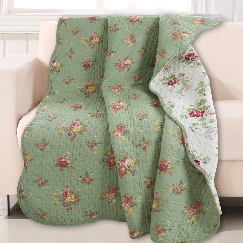 Cozy Line Home Fashions Vintage Floral Quilted Throw 100% Cotton Reversible All Season Throw (Blossom) - Image 1
