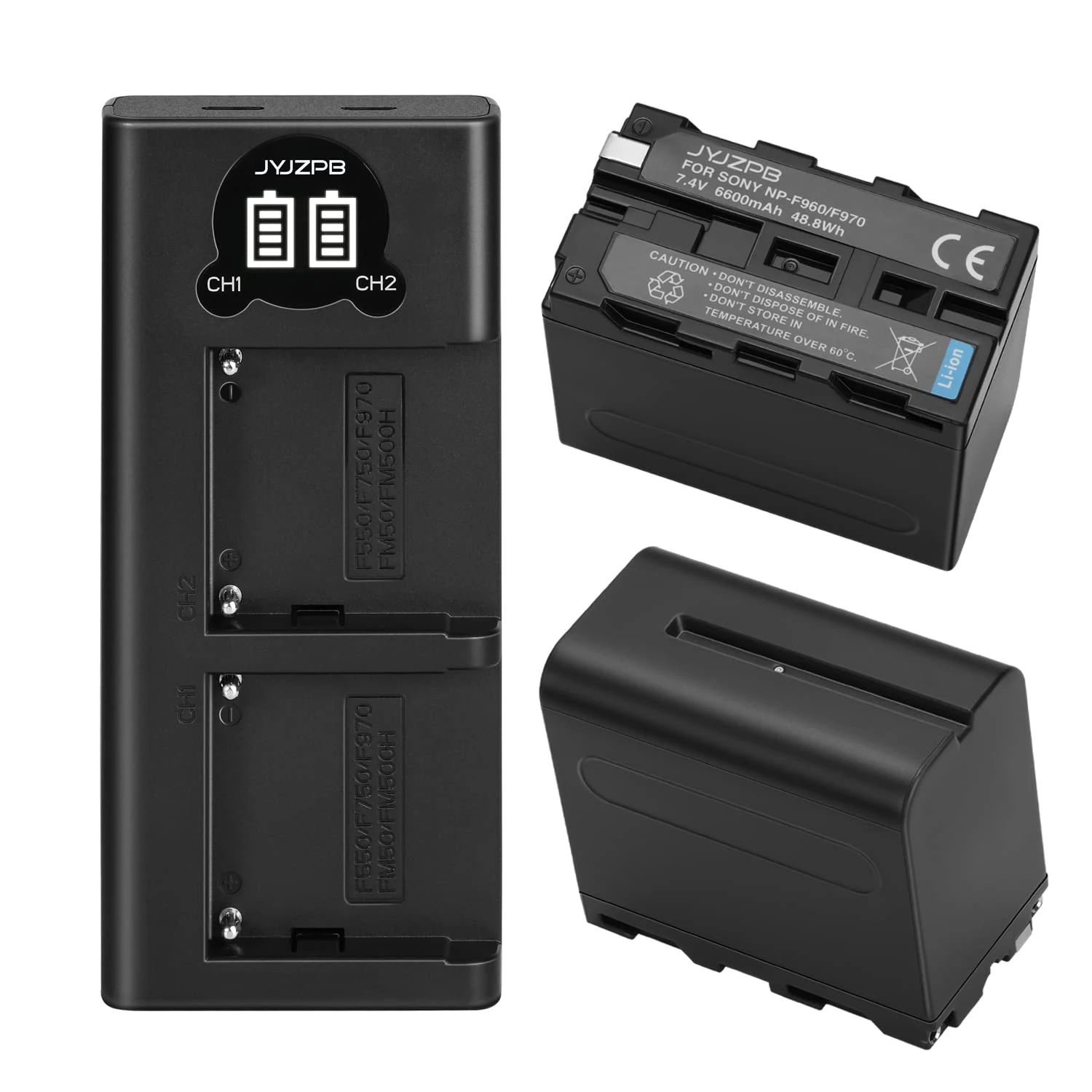 JYJZPB 2 Pack NP-F970 Battery and Dual LCD Charger, Compatible for Sony NP-F970, NP-F960, NP-F950, NP-F930, NP-F750, NP-F550, DCR-VX2100, DSR-PD150, DSR-PD170, HDR-AX2000, HDR-FX1, HDR-FX7