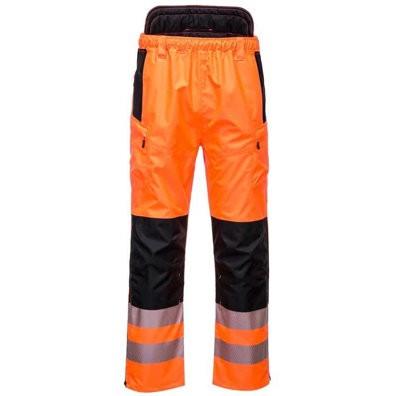 Portwest PW342 PW3 Men's Hi-Vis Extreme Waterproof Rain Trousers with Pockets - Reflective High Viz Outdoor Safety Workwear, Orange/Black, M