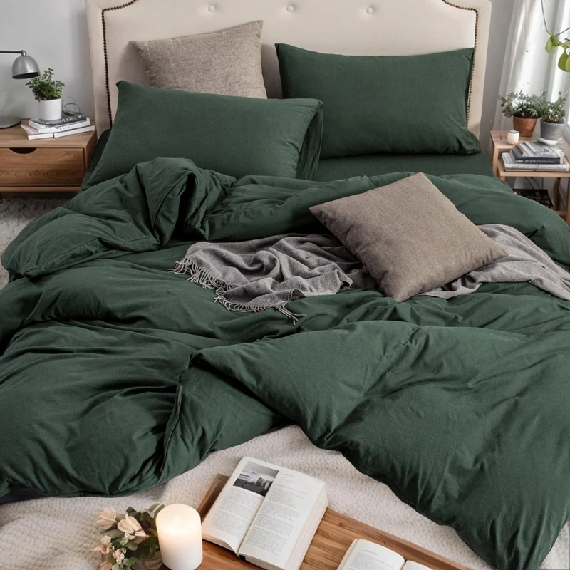 PURE ERA Jersey Knit Duvet Cover Set 100% T-Shirt Cotton Super Soft Comfy 3pc Bedding Set with Zipper Closure (Solid Forest Green, Queen, 90"X90")