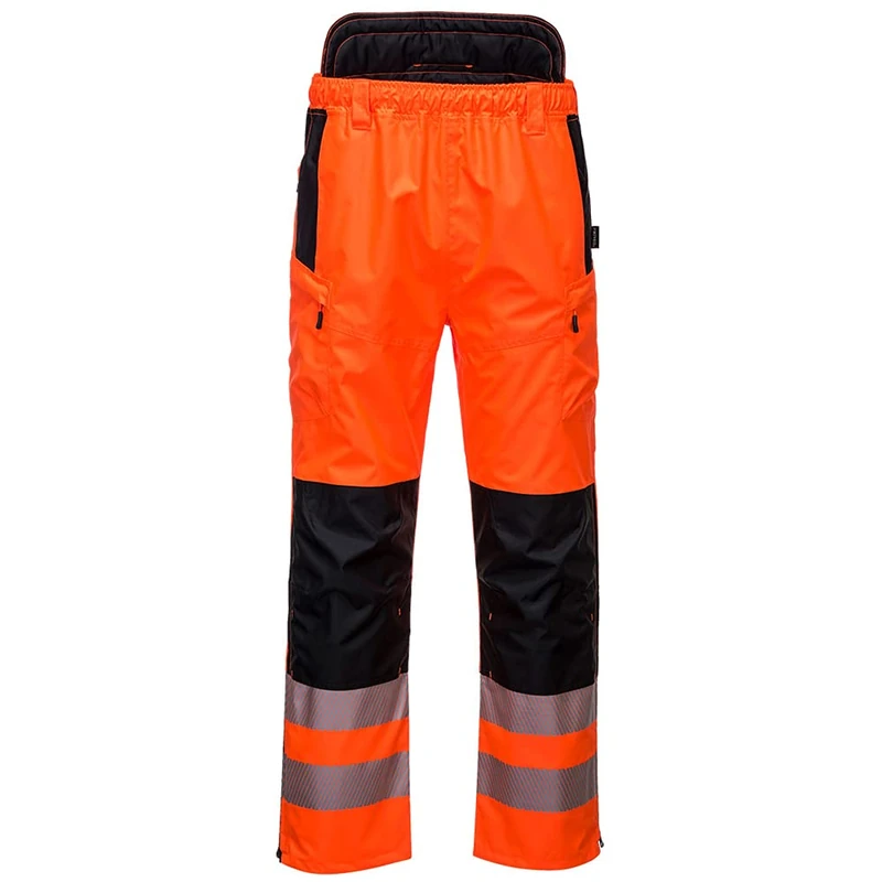 Portwest PW342 PW3 Men's Hi-Vis Extreme Waterproof Rain Trousers with Pockets - Reflective High Viz Outdoor Safety Workwear, Orange/Black, L