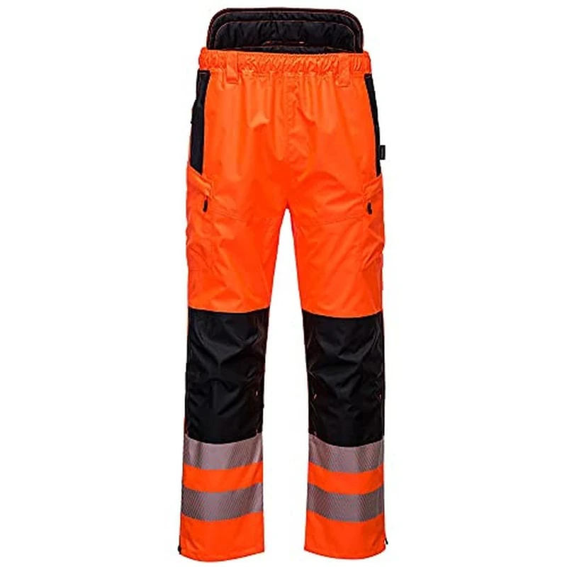 Portwest PW342 PW3 Men's Hi-Vis Extreme Waterproof Rain Trousers with Pockets - Reflective High Viz Outdoor Safety Workwear, Orange/Black, XL